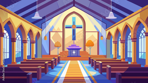Vector art of inside a church with pews, altar, and sunlit stained glass