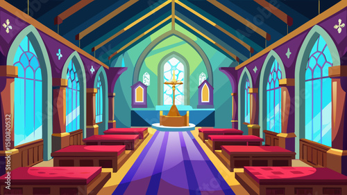 Vector art of a church interior with purple accents and stained glass windows