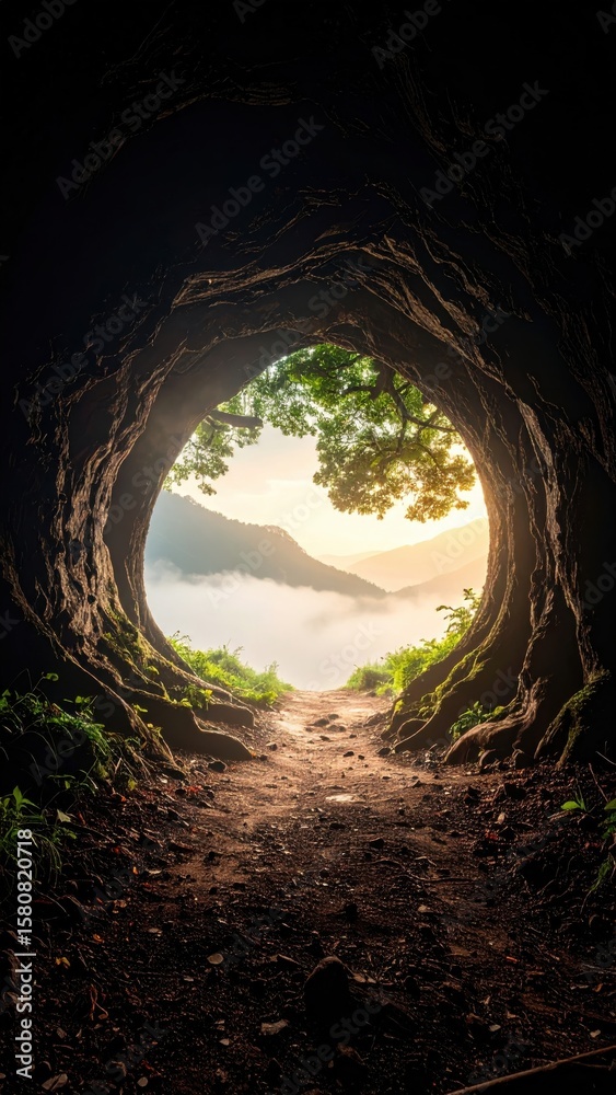 Obraz premium A dark tree tunnel opens to a glowing mountain landscape, with morning mist and sunlight creating a mystical, dreamlike scene.