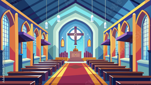 Vector art of inside a grand church with pews and an altar
