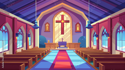Vector art of view of a church nave with pews and a central cross