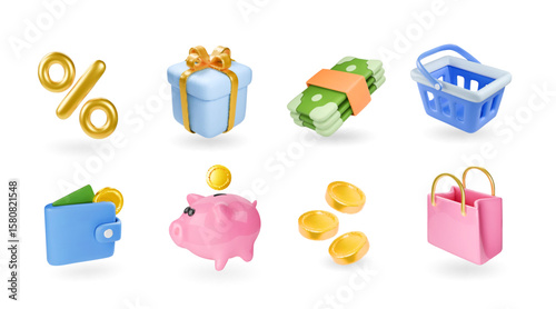 Shopping icons 3d. Online shop 3d render elements. Basket, sale bag, gift, promotion, money, card, bonus, discounts, percent