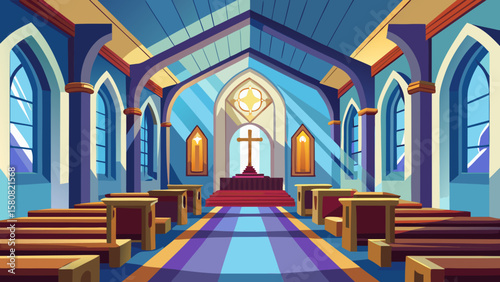 Vector art of inside a beautiful church with pews and a cross
