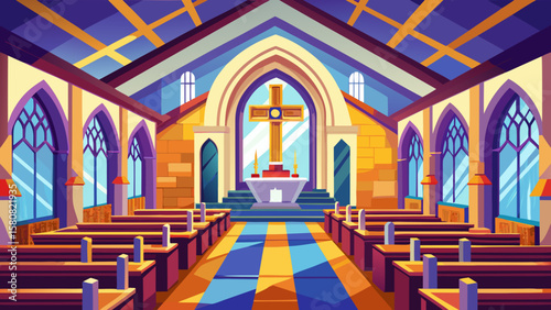 Vector art of church interior with pews, altar, and cross