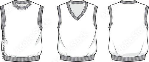 Cad drawing flat vector illustration of sleeveless sweater vest, fashion template, technical apparel sketch, clothing pattern, knitwear design, garment layout
