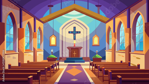 Vector art of inside a beautiful church with pews and an altar