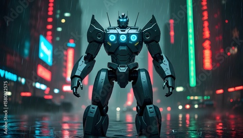 Futuristic Robot in Neon Cityscape with Rainy Background Night Scene