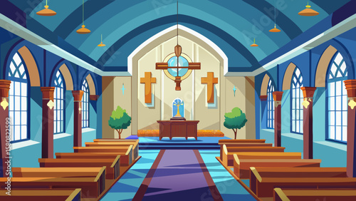 Vector art of church interior with pews, altar, and decorative crosses
