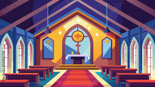Vector art of sunlight streams into a church with pews and a cross
