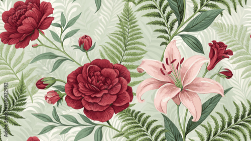 Vector illustration seamless digital floral pattern. Red peony and pink lily and green fern leaves.