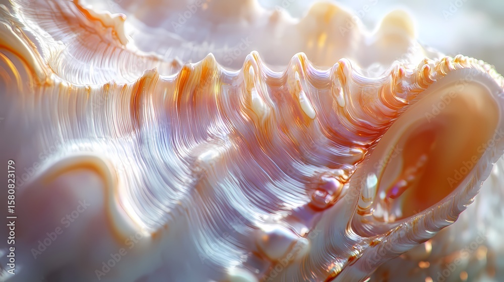 Iridescent shell rests on a rocky, glimmering beach Iridescent shell rests on a rocky, glimmering beach