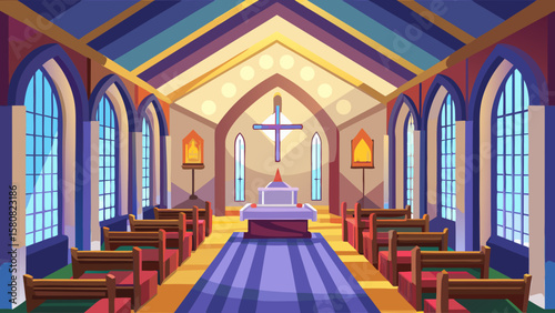 Vector art of inside a colorful church with pews and a cross
