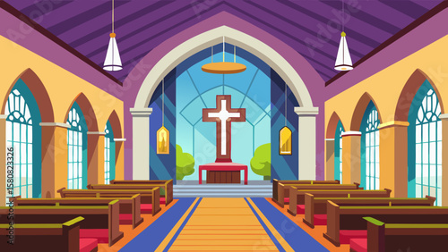 Vector art of a vibrant church interior with a large cross