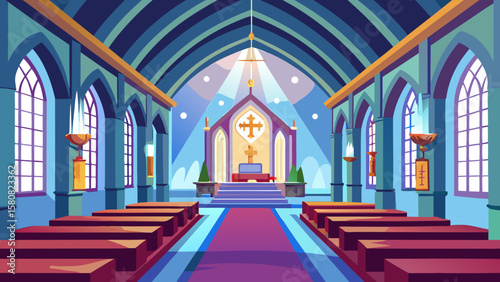 Vector art of a bluetoned church interior with pews and altar