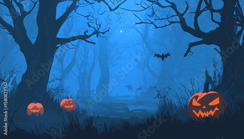 Halloween background in a spooky forest with pumpkins