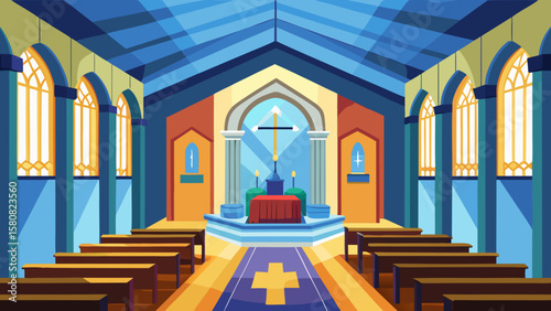 Vector art of a bright church interior with pews and a cross