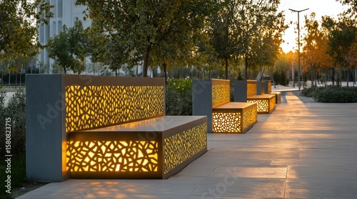 Outdoor Seating with Illuminated Decorative Benches at Sunset