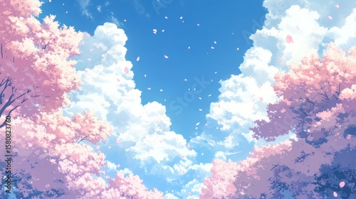 Pastel colored cherry blossoms against a bright blue sky.