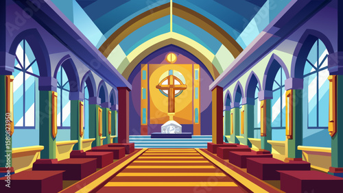 Vector art of inside a grand church with colorful stained glass windows