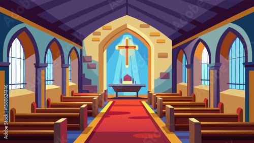 Vector art of inside a church with pews leading to the altar and a cross