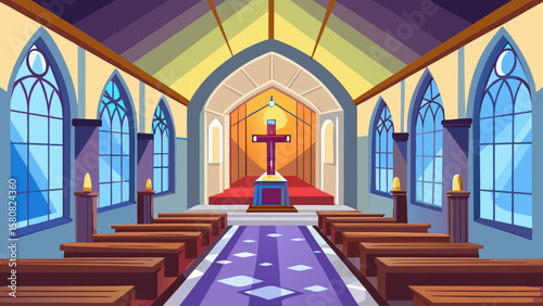 Vector art of inside a beautiful church with pews and a cross