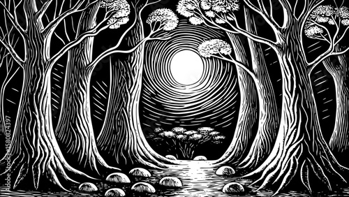 glowing forest with spiraled trees, levitating stones, and bioluminescent plants under moon, depicted in black and white line art illustration for magical RPG environment