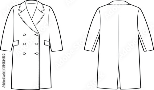 Cad Drawing Flat Vector Illustration, Double-Breasted Coat Technical Sketch, Fashion Design Template, Apparel Blueprint, Sewing Pattern Outerwear Concept