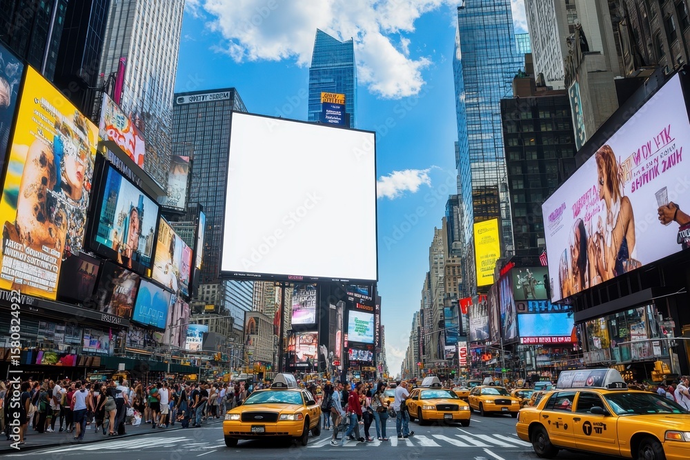 Times Square billboard mockup in NYC with clean white display, perfect blank canvas for commercial ad design in busy urban setting Times Square billboard mockup in NYC with clean white display, perfect blank canvas for commercial ad design in busy urban setting
