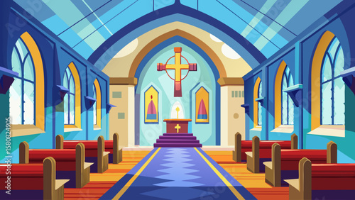 Vector art of a stylized church interior with pews, altar, and cross