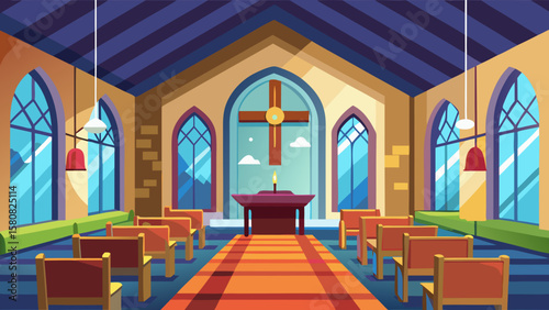 Vector art of a church interior with rows of pews and a central altar