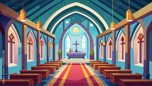 Vector art of a church sanctuary with rows of wooden pews and a central cross