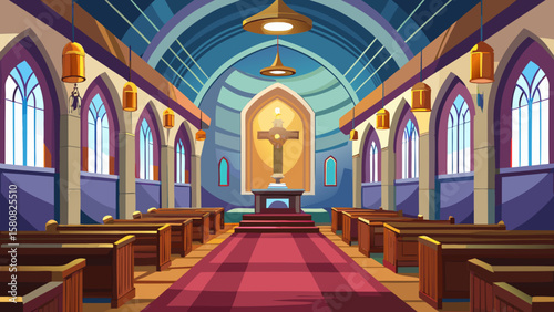 Vector art of inside a grand church with pews and a cross