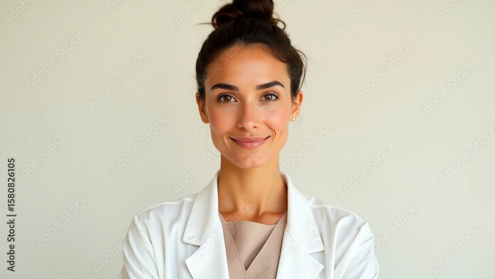 Smiling Arabian female doctor, professional medical portrait, healthcare worker in white coat, confident woman physician, clinical setting, compassionate medical professional photo Smiling Arabian female doctor, professional medical portrait, healthcare worker in white coat, confident woman physician, clinical setting, compassionate medical professional photo