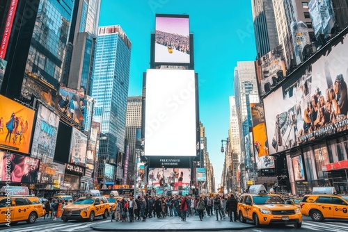 Times Square New York City billboard mockup with white screen on skyscraper, blank advertising board placed in vibrant city street view