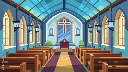 Vector art of a church interior with pews, altar, and cross