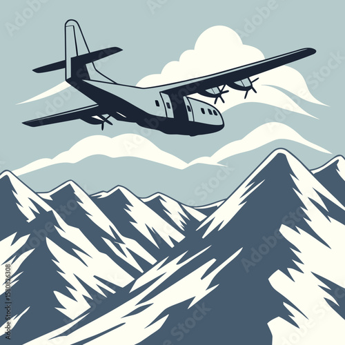 A military transport plane with NATO markings flying over snow-covered mountains