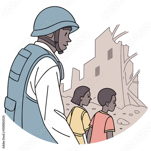 A peacekeeper wearing a blue NATO helmet helping civilians in a war-torn area