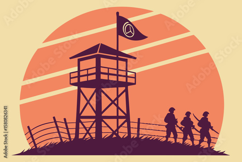 A watchtower flying the NATO flag against a sunset silhouette of soldiers