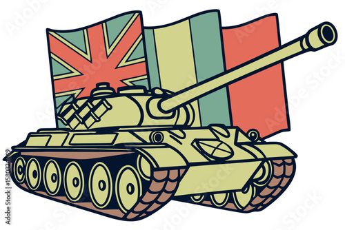 NATO tank with camouflage in the foreground, with multiple national insignias