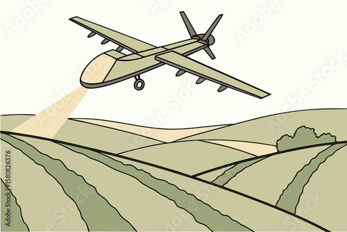 NATO drone flying over a field with sensor beams scanning terrain below