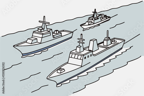 Naval ships from different NATO countries sailing together in coordinated formation
