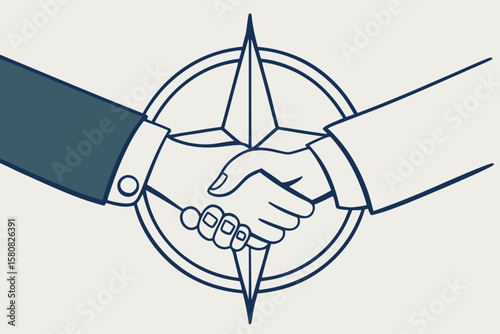 Two hands shaking over a NATO emblem, symbolizing alliance and trust