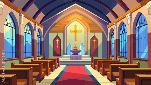 Vector art of a grand church interior with pews, altar, and stained glass