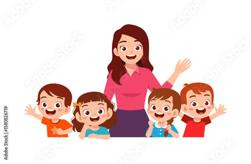 Happy Teacher with Cheerful Diverse Children Waving Hands in an Educational Setting Illustration