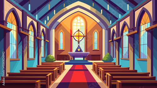 Vector art of inside a grand church with pews and an altar