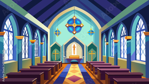 Vector art of modern church interior with geometric stained glass