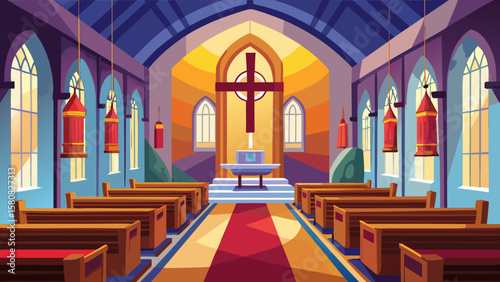 Vector art of inside a church with a large cross and red lanterns