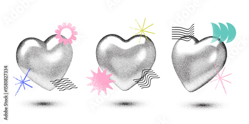 Set of grainy black halftone 3d chrome hearts with abstract retro elements. Stipple shading, effect, colorful design shapes with grainy texture. Vector isolated elements for banner, poster etc.