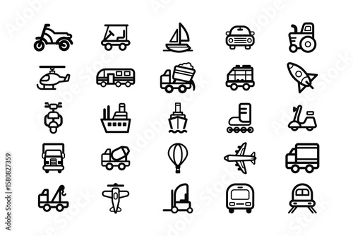A collection of diverse transportation and vehicle icons, isolated on a white background, representing various modes of travel and transport