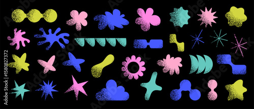 Set of creative design elements, bright colorful abstract shapes, stars, arrows, flowers, etc. Grainy noise, retro texture. Bold decoration for modern graphic projects, posters, covers, banners.
